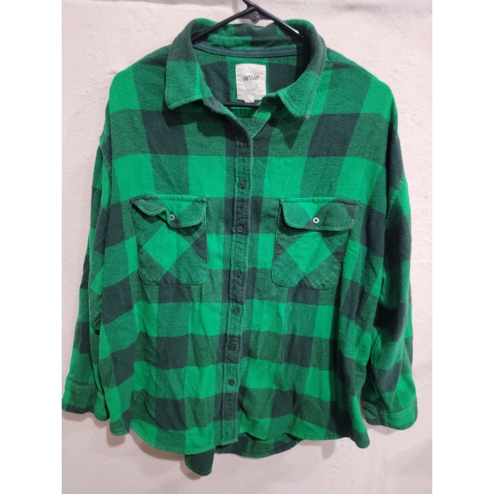 Aerie Oversized Flannel Shirt Medium M Green Black Buffalo Plaid Button Down Top